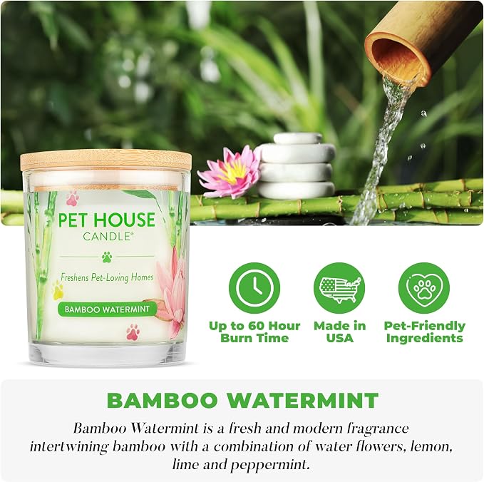 Pet House Candles, Plant-Based Pet Candle Clean Burning, 60 Hour Burn Time with a Natural Fiber Wick - Bamboo Watermint