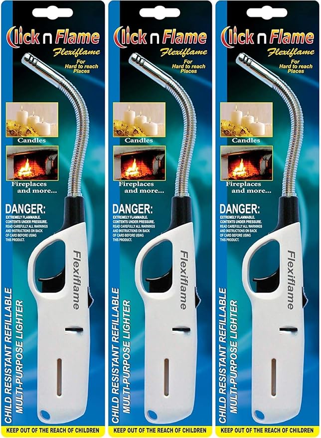 Click-n-Flame 3 Pack Long Flexible Lighter, Refillable Butane, White, Modern Style, Plastic Core, Metal Alloy