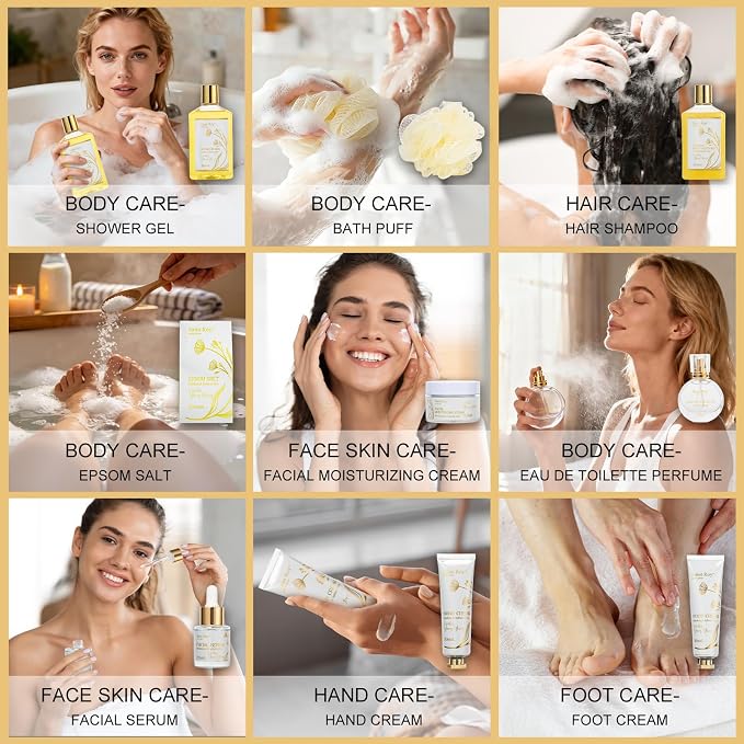 23 Pcs Bath & Body Gift Basket, Face Skin Care Kit, Spa Gift Set, Home Spa | VANILLA & YLANG YLANG Spa Gift Basket for Women, Lip Self-Care Relaxation Gift, Birthday, Christmas, Valentines, Anniversary
