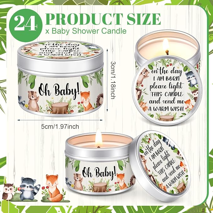 MTLEE 24 Pcs Woodland Animals Baby Shower Party Favors Candles Lavender Scented Baby Shower Favors for Guests Rustic Tealights Candles Gender Reveal Return Gifts (1.2 oz, Colorful)