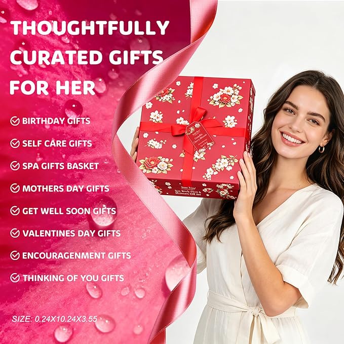 35 Pcs Valentines Day Gift for Women, Cherry Blossom Rose Bath and Body Basket Gift, Face Skin Care Kit, Home Spa Self Care, Lip Gloss, Birthday, Christmas, Mother, Bridal Shower, Anniversary