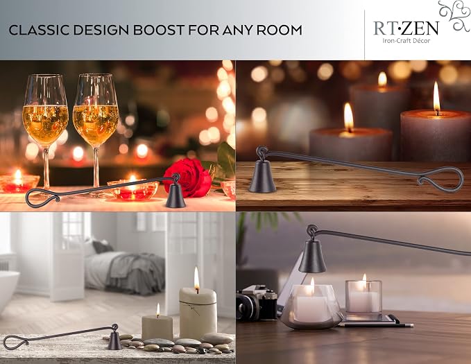 RTZEN Rustic Bell Candle Snuffer - Handcrafted Decorative Rustic Wrought Iron Candle Extinguisher Candlesnuffer with Long Handle - Unique Black Matte Farmhouse Decor Accessories Gift