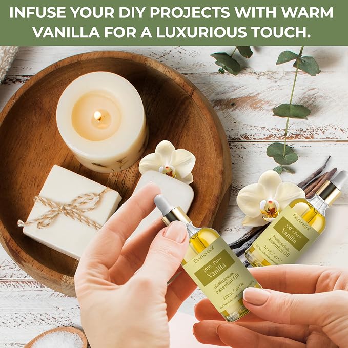 Vanilla Essential Oil for Diffuser 4oz - 100% Natural & Organic - Infused with Olive & Sunflower Oils - Perfect Vanilla Oil for Skin, Body, Candle Making, Soap Making, & Aromatherapy