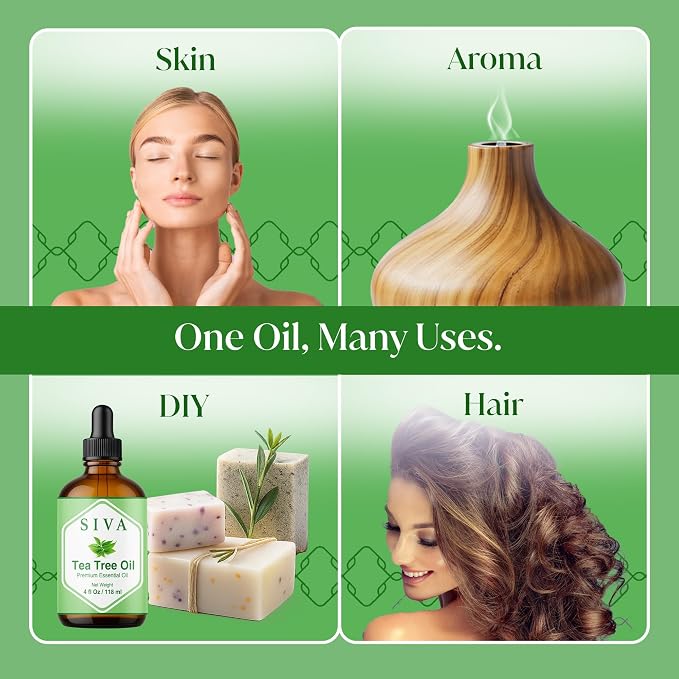 Siva Tea Tree Essential Oil 4 Fl Oz – for Diffuser, Skin & Hair Care – Ideal for Aromatherapy, Massage & DIY Blends- with Dropper
