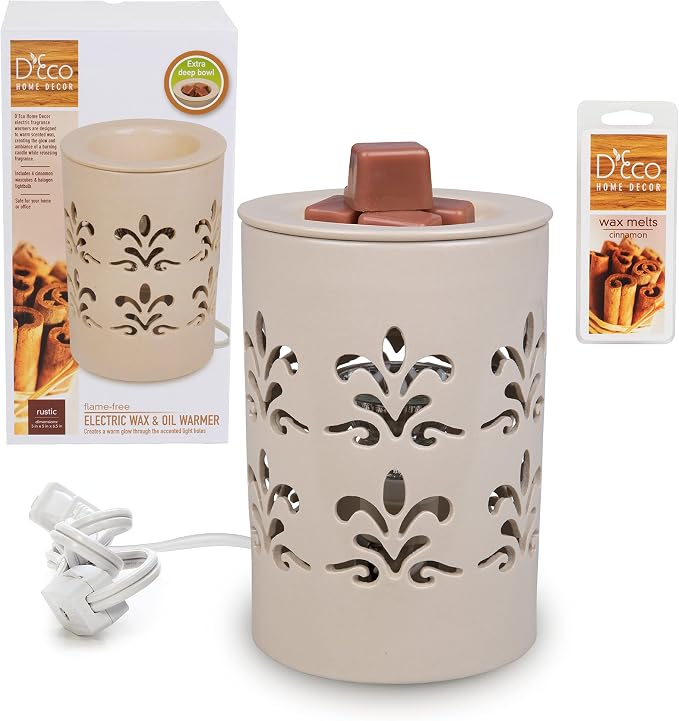 D'Eco Fragrance Wax Melt Warmer - Electric Scented Tart & Candle Warmer w 6 Cinnamon Cubes - Plug-in Halogen Bulb Melts Cubes & Fills Room w Fresh Scents & Night Light Glow for Mom