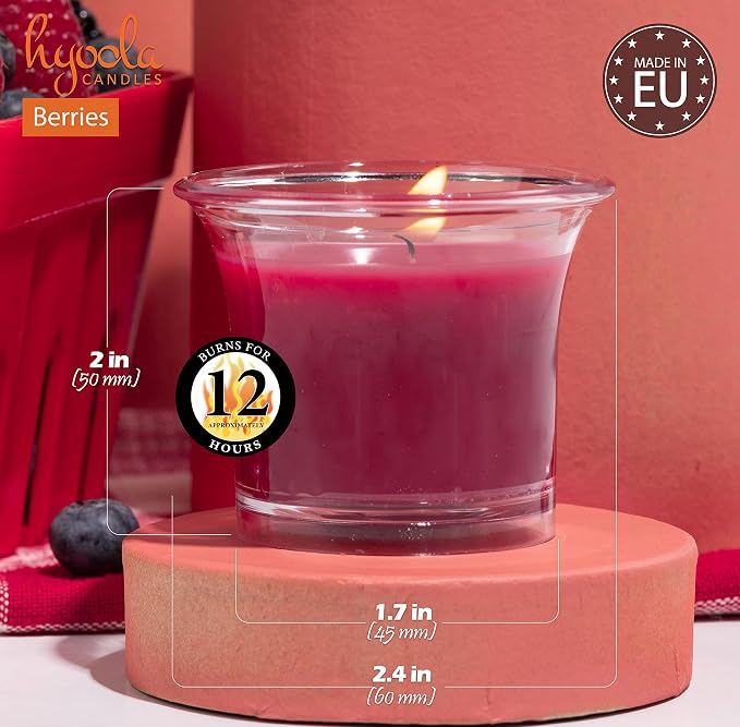HYOOLA Clear Cup Scented Votive Candles - Berries - 12 Hour Burn Time - 4 Pack - European Made