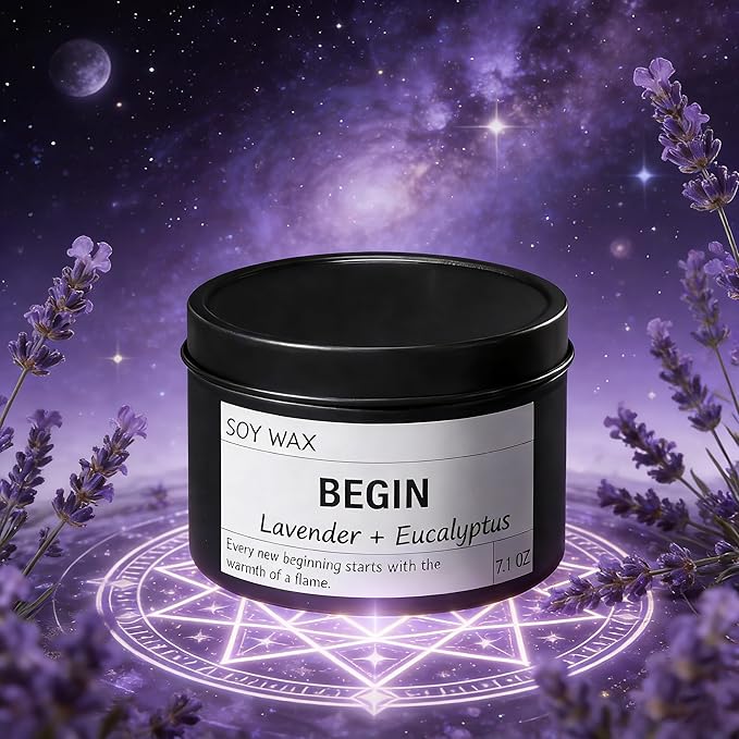 Begin New Beginnings Lavender & Eucalyptus Scented Candle, Black Jar with Purple Crystals, Natural Soy Wax Candles Gifts for People Embarking On Life’s New Journeys, Ready to Restart After A Setbac