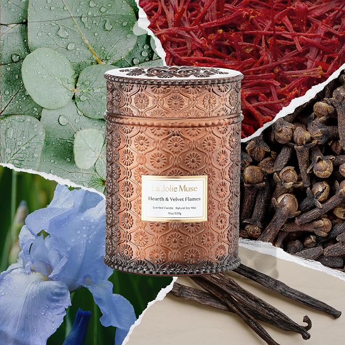 LA JOLIE MUSE Hearth & Velvet Flames Candle – Saffron, Clove & Vanilla | 19 oz Large Wooden Wick Soy Candle | 90 Hours Clean Burn | Gift-Ready for Any Occasion | Elegant Home Décor
