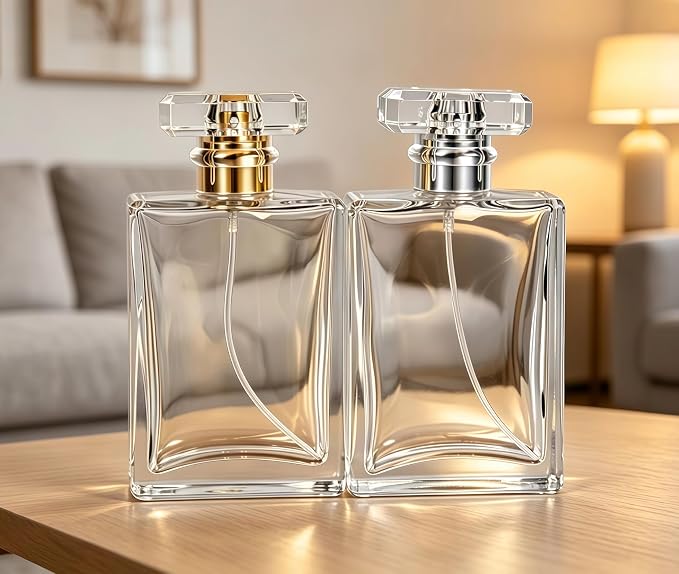 2 Pcs Clear Glass Perfume Atomizer,100ml Empty Refillable Perfume Spray Bottle for Men and Women,Portable Fragrance Fine Mist Spray Bottle Dispenser for Travel (Gold)