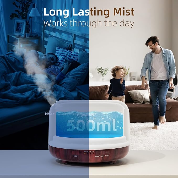 ASAKUKI Essential Oil Diffuser for Home, 500ML Aromatherapy Diffuser Humidifier with Remote Control, 7 Color LED Lights, Quiet Cool Mist Diffuser for Bedroom, Living Room, Office (Reddish-Brown)