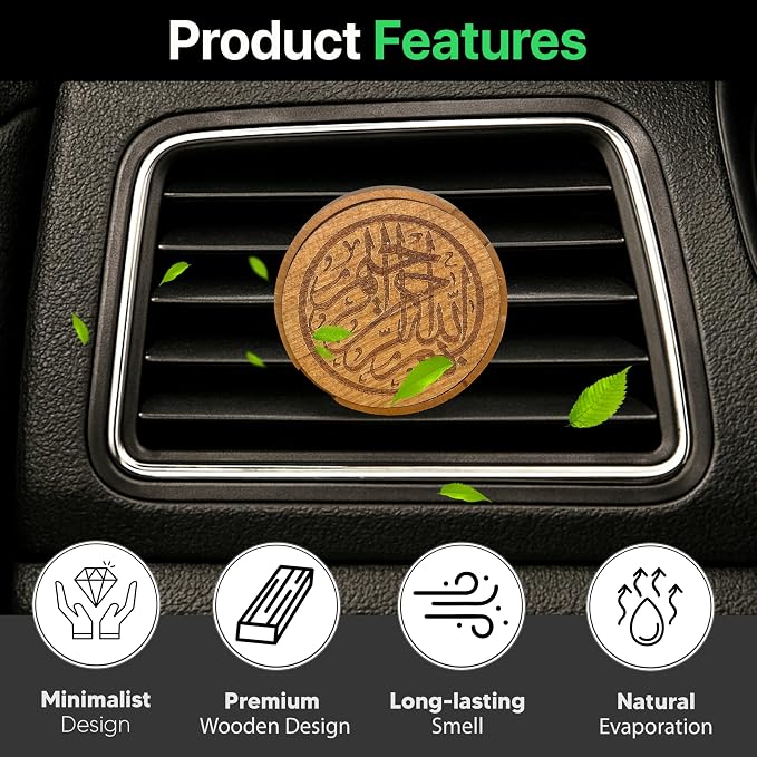 Islamic Inspired Car Diffuser - Natural Wood and Natural Wax Cartridge - Engraved with Bismillah Al Rahman Al Rahim – Includes Two scents (Lavender & Lemon) - Reusable with Essential Oils (Round)