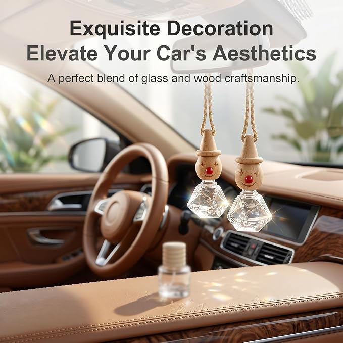 2 Pack Snowman Glass Hanging Car Rearview Mirror Diffuser Bottles | Wood lids & droppers included, refillable empty bottles for car closet bathroom home aromatherapy decor
