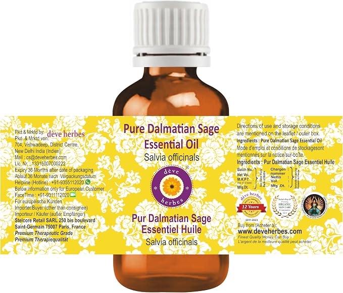 dève herbes Dalmatian Sage Essential Oil (Salvia officinals) Pure | Non-Sticky | Non-Greasy | Lightweight | Men & Women | All Skin Types | Steam Distilled 5ml (0.16 oz)