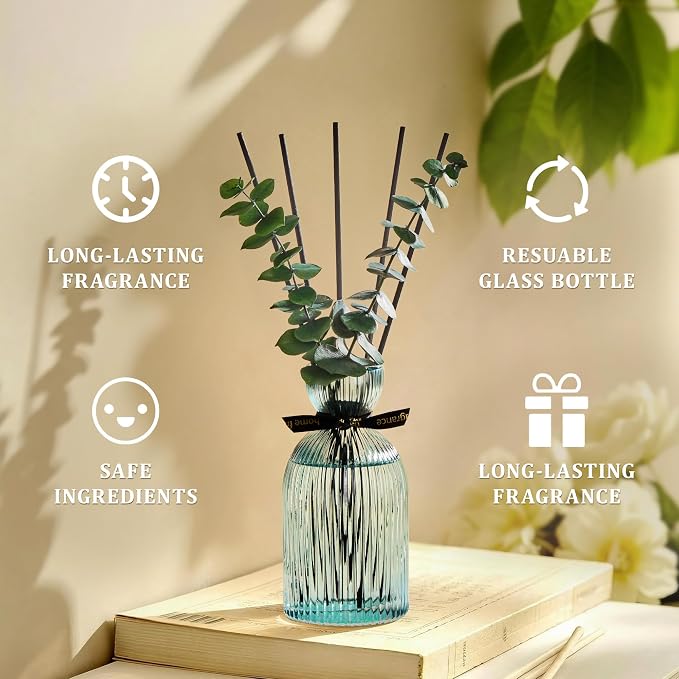 Airkeep Reed Diffuser Set 6.76 oz – Ocean Mist Decorative Home Fragrance with Eucalyptus Sticks, Ribbed Glass Diffuser for Bathroom & Bedroom Décor, Gift Ready