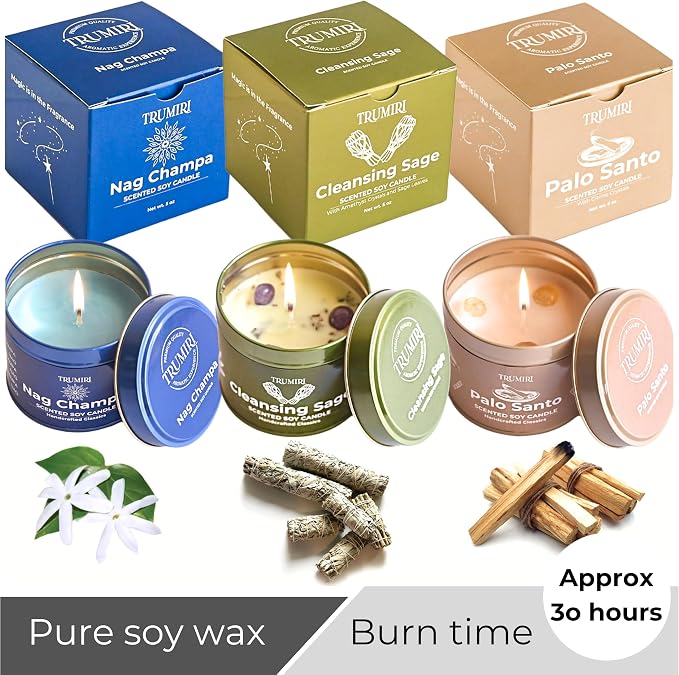 Cleansing Sage, Palo Santo, Nag Champa - Soy Candles Non Toxic - Highly Scented Long Lasting with Essential Oils - Variety Pack of 3 x 5oz - for Home Aromatherapy Meditation Gift Travel