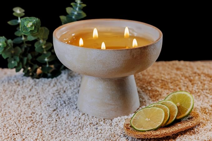 Blueme Focus Candle | Eucalyptus & Lime | 5 Wick - Refillable Wellness Candle with Essential Oils, Hand Finished & Poured Soy Wax Blend Ceramic Vessel, Natural Cotton Wicks | Large 24 oz