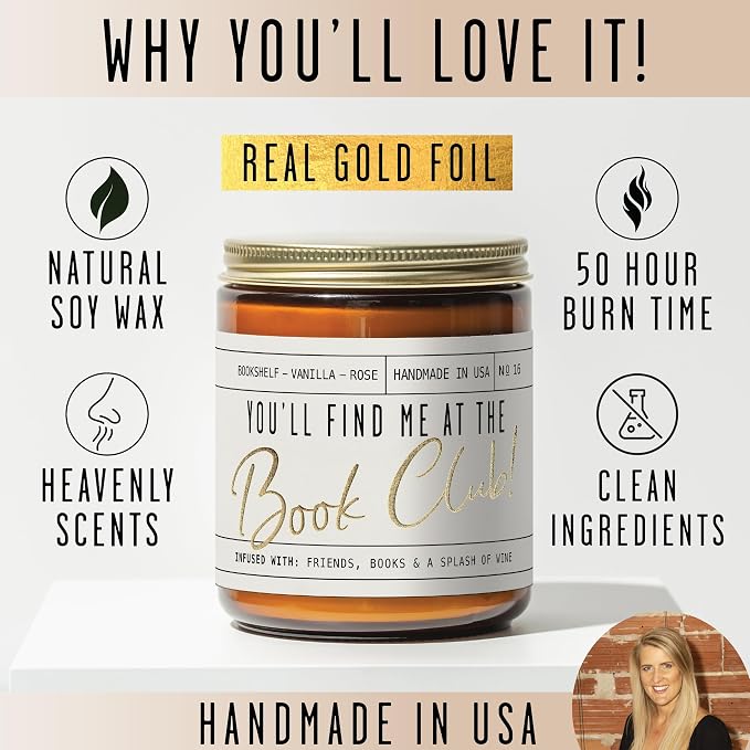 Book Lovers Gifts for Women - 'You'll Find Me at The Book Club' Candle, Old Library, Vanilla, Rose I Bookish Gifts for Women Readers I Reading Accessories for Reading Lovers I 50Hr Burn, USA Made