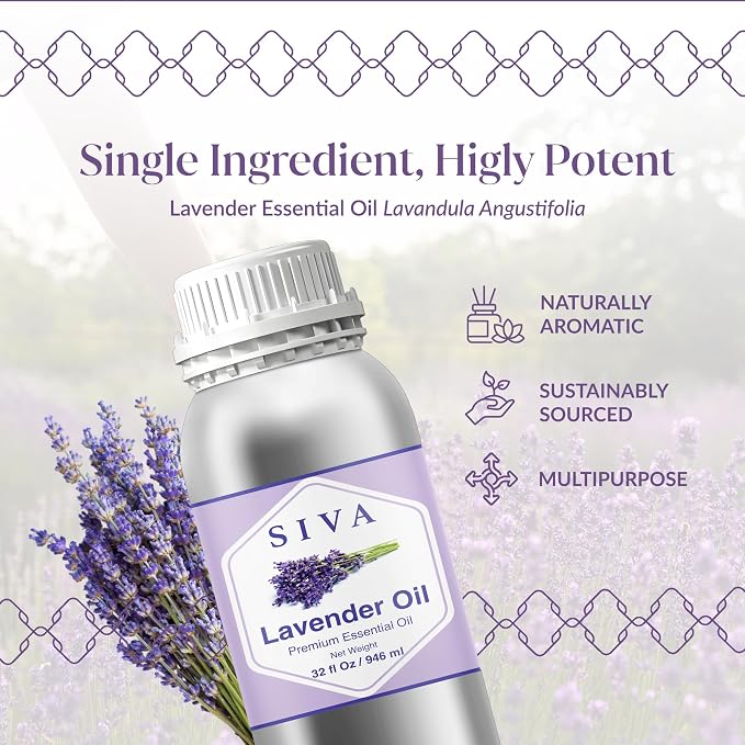 Siva Lavender Essential Oil – 32 Fl Oz – 100% Natural Lavender Oil - for Diffuser, Hair Care, Face, Skin Care, Aromatherapy, Scalp and Body Massage, Soap and Candle Making