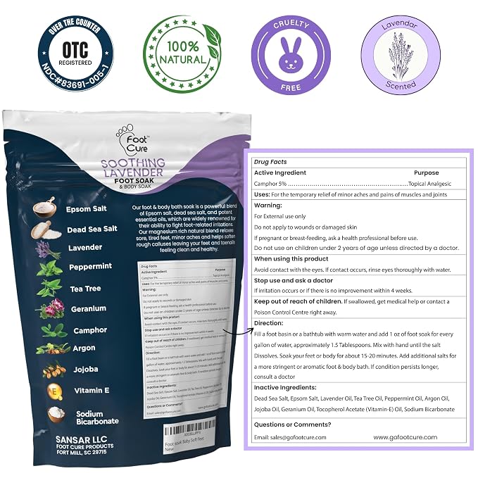 FOOT CURE Tea Tree Oil & Soothing Lavender Foot Soak with Epsom Salt - Best Toenail Treatment & Softens Calluses - Soothes Sore & Tired Feet, Foot Odor Scent, Spa Pedicure - 16 oz (Pack of 2)