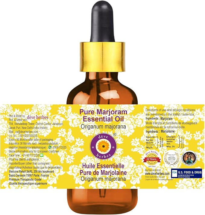 Deve Herbes Pure Marjoram Essential Oil (Origanum majorana) with Glass Dropper Steam Distilled (Pack of Two) 100ml X 2 (6.76 oz)