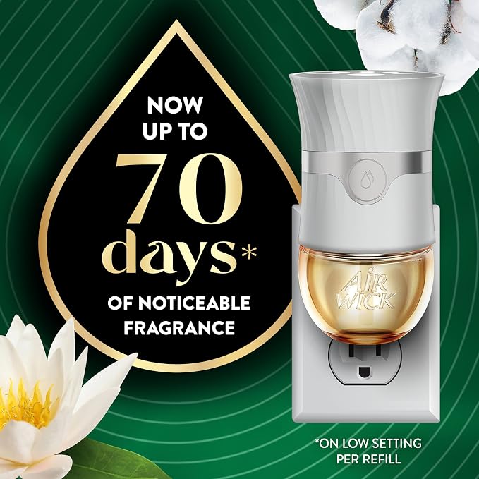 Air Wick Plug-In Scented Oil Refills, 4 Count, Cotton & White Lotus, Air Freshener, Essential Oils