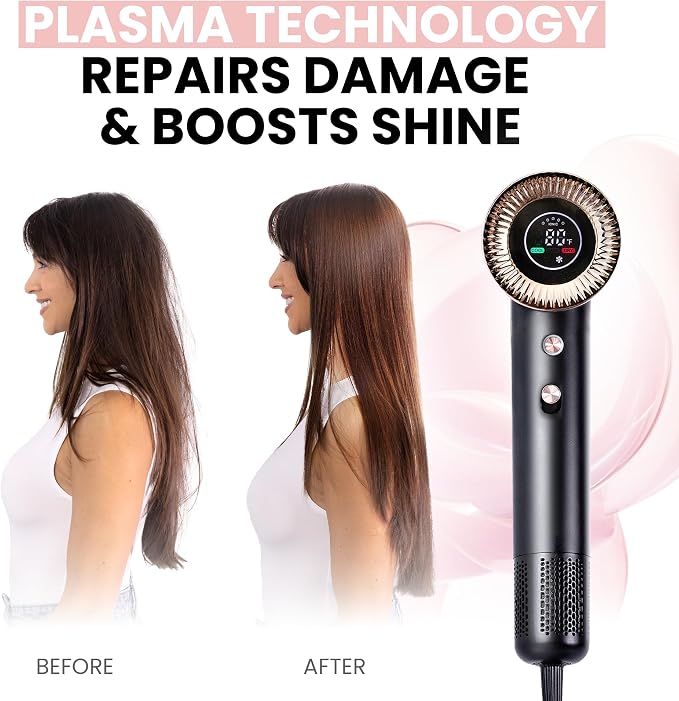 ELLA BELLA® Compact Plasma Hair Dryer, Advanced Plasma Technology Blow Dryer with Digital Display, Rapid Drying, Low Noise, & Luxury Velvet Travel Bag - Includes Diffuser & Nozzle- for All Hair Types