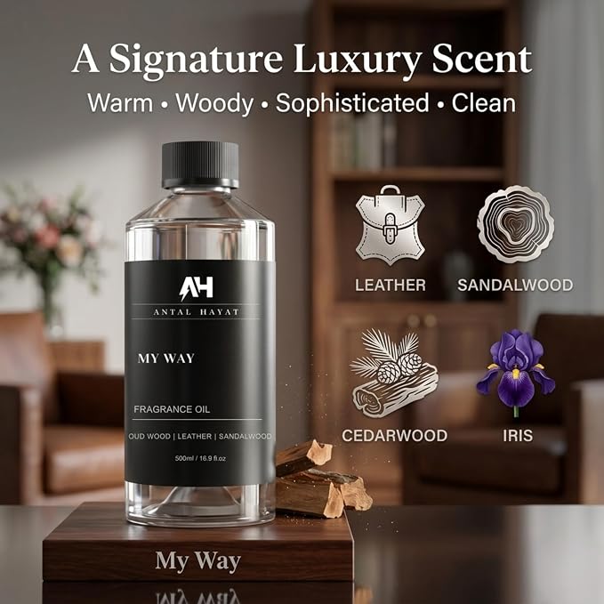 My Way 500mL Essential Oil Scent - Luxury Hotel Inspired Aromatherapy Scent Diffuser Oil - Lush Sandalwood, Warm Virginia Cedar, & Beautiful Iris - Inspired by One Hotel Miami Beach
