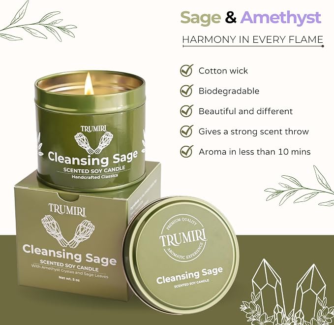 Sage Candle for Cleansing House Negative Energy Smudge Kit - 5oz Soy Wax Natural Clean Organic Non Toxic - Aromatherapy Spiritual Meditation Gifts - Long Lasting Highly Scented Candel with Crystals