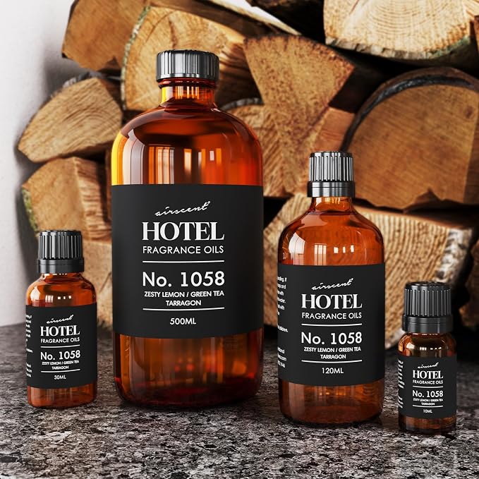 AirScent Hotel Diffuser Oil No. 1058 - Shiso Tea Inspired - Lemon Green Tea Tarragon - Fragrance Oil for Ultrasonic and Waterless Diffusers and Crafting - 10 mL, 0.34 fl oz Glass Bottle