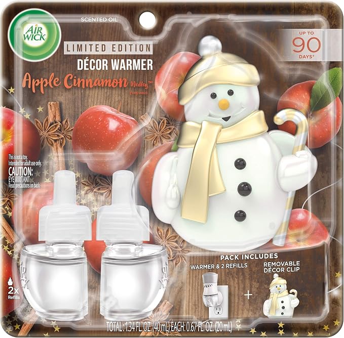Air Wick Plug in Scented Oil Starter Kit with Snowman Free Decorative Warmer + 2 Refills, Apple Cinnamon, Fall Scent, Fall Spray, (2x0.67oz), Essential Oils, Air Freshener