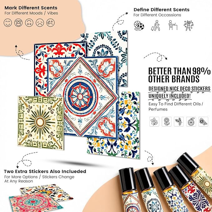 Roller Bottles for Essential Oils Roll On Bottles 5 Pack, 10ml Amber Rollerball Bottle Thick Glass Empty with Oil Perfume Lip Gloss DIY Kits Boho Stickers Leak-Proof Refillable for Travel, Gift
