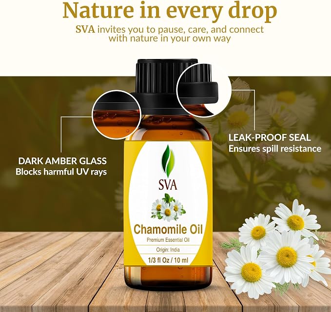 SVA Chamomile Essential Oil – 1/3 Fl Oz – 100% Natural Chamomile Oil - for Diffuser, Hair Care, Face, Skin Care, Aromatherapy, Scalp and Body Massage, Soap and Candle Making