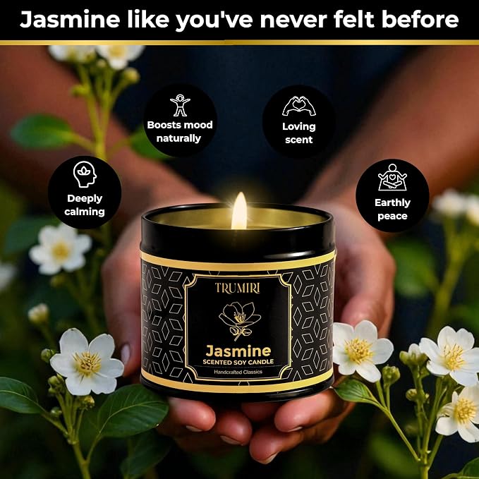 Jasmine Candle Strong Scented Soy Candel Natural Non Toxic Velas Aromáticas Gift for Women Pack of 1 5Oz Decorartive Travel Tin