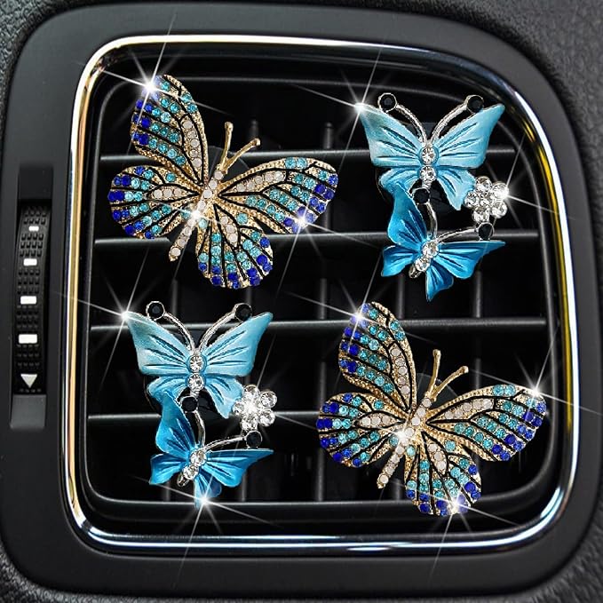 4 Pcs Blue Bling Butterfly Car Air Fresheners Vent Clips Diffuser Vent Clip Rhinestone Diamond Decoration Car Interior Decor Cute Accessories for Women, Automotive Air Fresheners（2 styles）