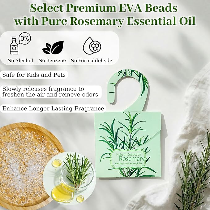 24 Pack Rosemary Sachets for Drawers and Closets, Natural Drawer Scented Sachets Deodorizers Closet Fresheners for Clothes with 10 Hanging Bags