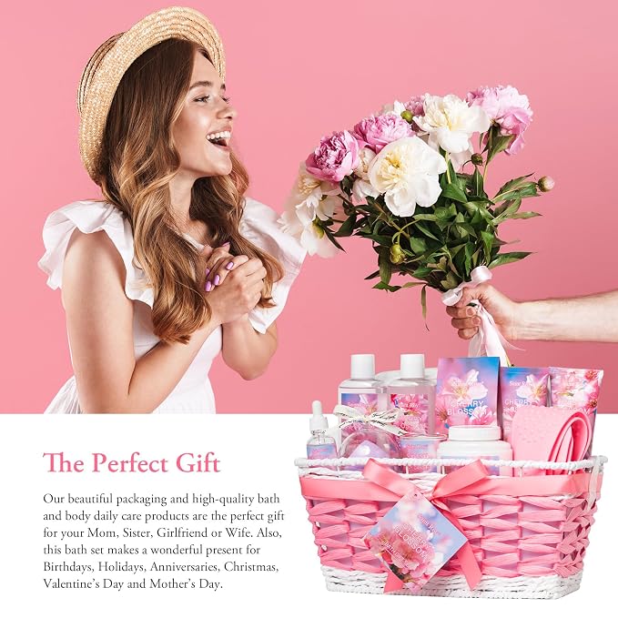 Spa Bath & Body Gift Set for Women, Large Spa Gift Set Basket for Women | Cherry Blossom Bath and Body Gift, spa kit Self Care Pampering Kit, Diffuser, Home Spa, cosmetic Bag, Birthday, Bridal Shower