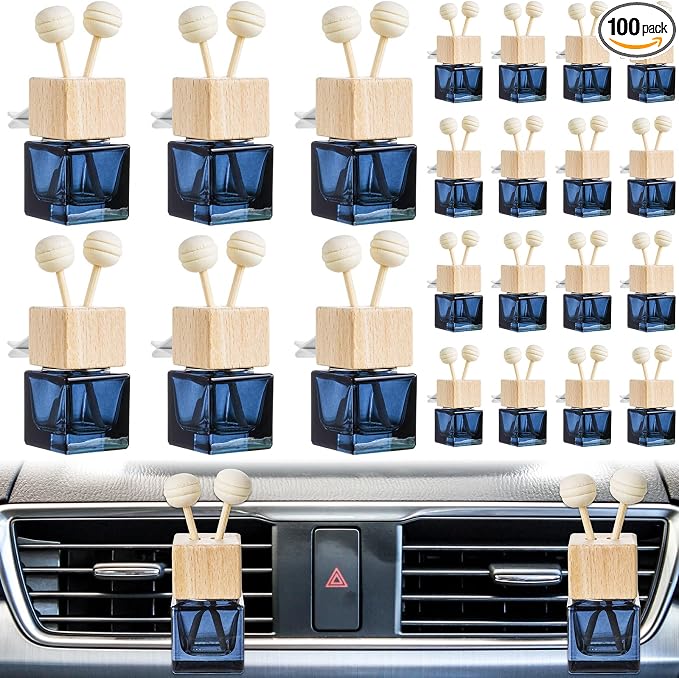 Zubebe 100 Pcs Car Diffuser Bottles Empty Bulk Vent Clip Car Air Freshener Diffuser for Essential Oil Perfume Glass Bottle with Wooden Caps Stick Fragrance Ornament (Gradient Black)
