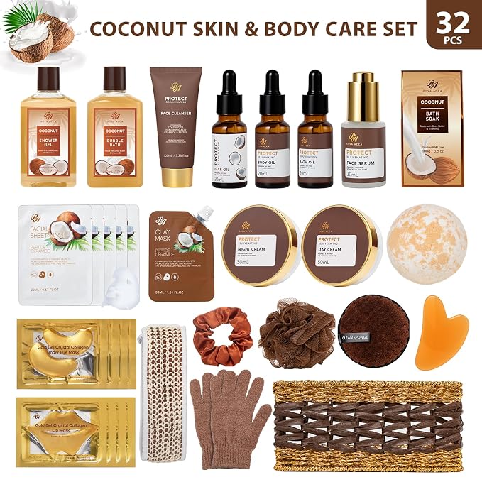 Gifts for Women & Men, 32 Pcs Coconut Vanilla Spa Gift Basket Set for Women & Men, Hydrating Face Skin Care Gift Kit, Bath & Body Gift Set, Self Care Pamper Basket, Birthday, Christmas, Anniversary