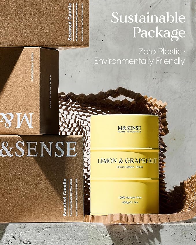 M&SENSE Lemon Candle Large for Home Scented, Lemon Soy Candles 21.2oz 120 Hour Slow Burning, Highly Scented Limoncello Grapefruit Citrus Candles for Bathroom, Fresh Smelling Candle