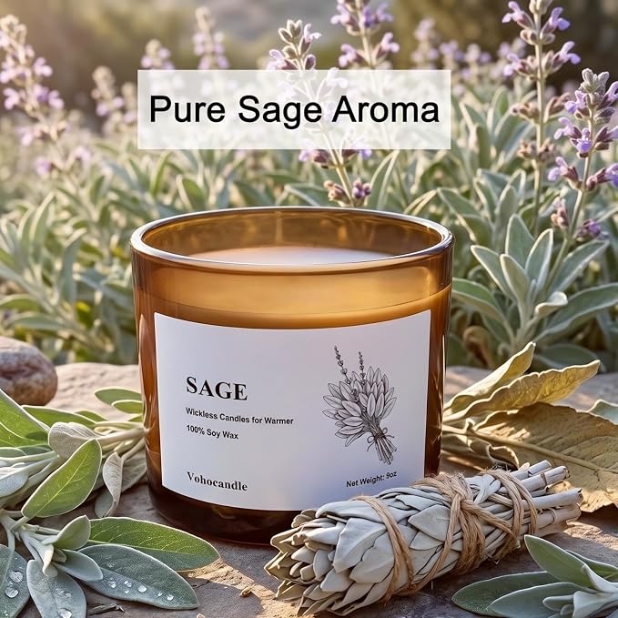 VOHO Sage Wickless Candles for Candle Warmer Lamp, 9oz Soy Candles with Stirring Spoon & Lid, Wickless Sage Candle for Wax Lamp Warmer, Scented Candles Gifts for Women Men Birthday Winter Home Decor