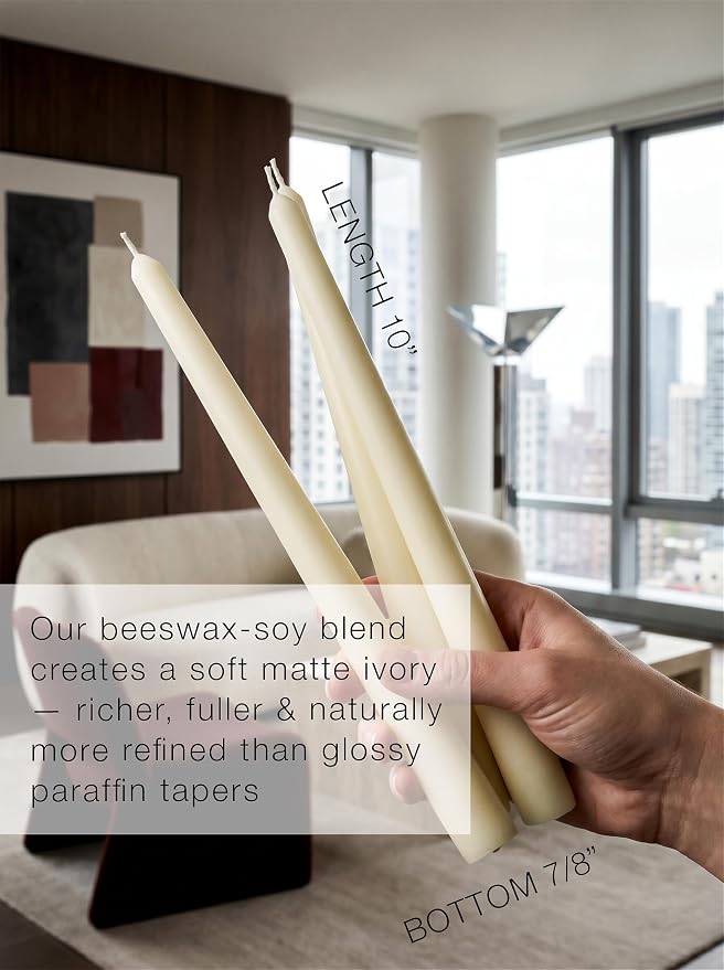 10" Classic Taper Candles, Ivory, 4-Pack, 7-8 Hours Long Burning, Unscented Tall Candlesticks