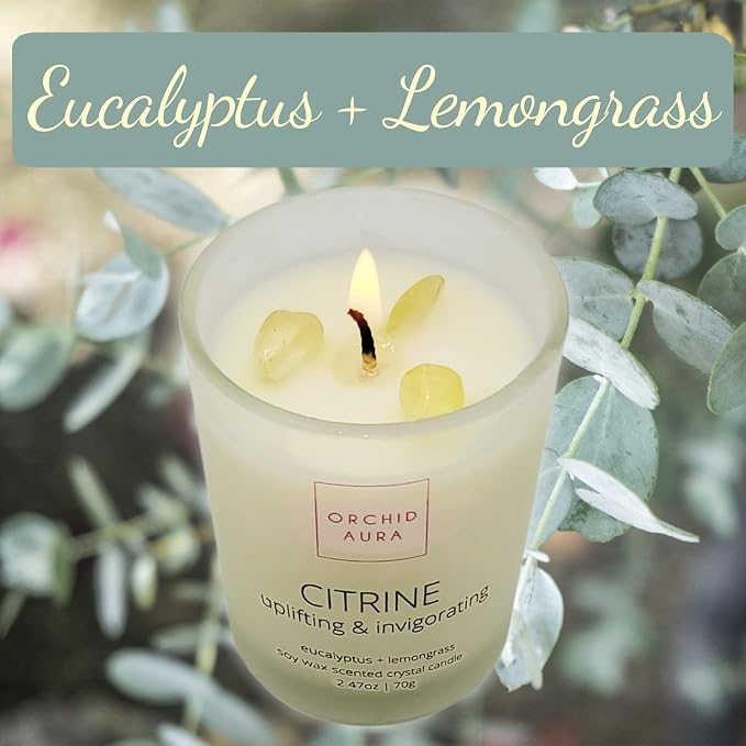 Soy Candles with Healing Crystals. Citrine, Rose Quartz, Amethyst Crystal. Eucalyptus + Lemongrass, Jasmine + Sandalwood, Clary Sage + Lavender. 3PC Scented Crystal Candle Set, 2.47oz Each