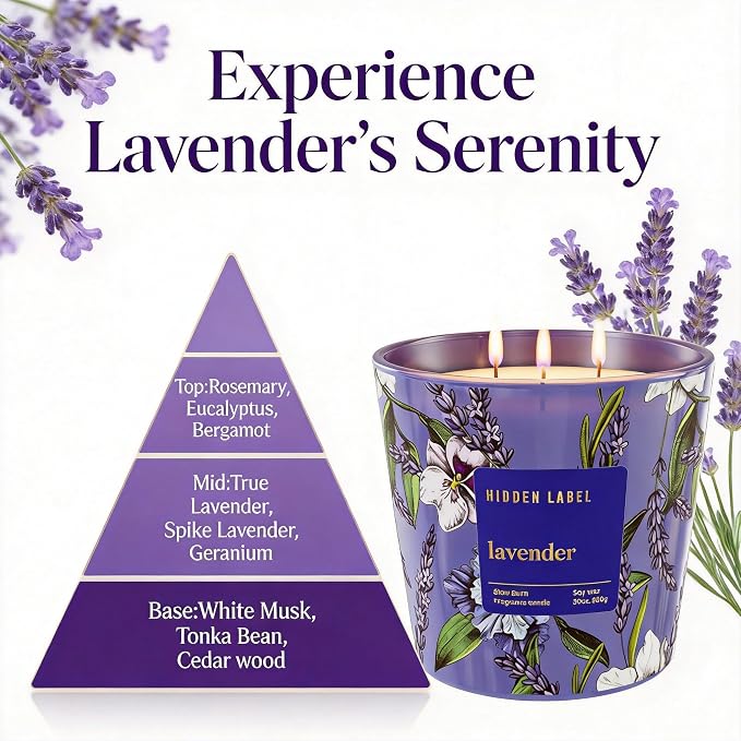 Hidden Label Extra Large Lavender Candle, 30oz 3-Wick Soy Wax, 100H Burn | Even Burn | 100H Long Lasting | Premium Lavender Aromatherapy | Stress Relief & Sleep | Non-Toxic Soy Wax