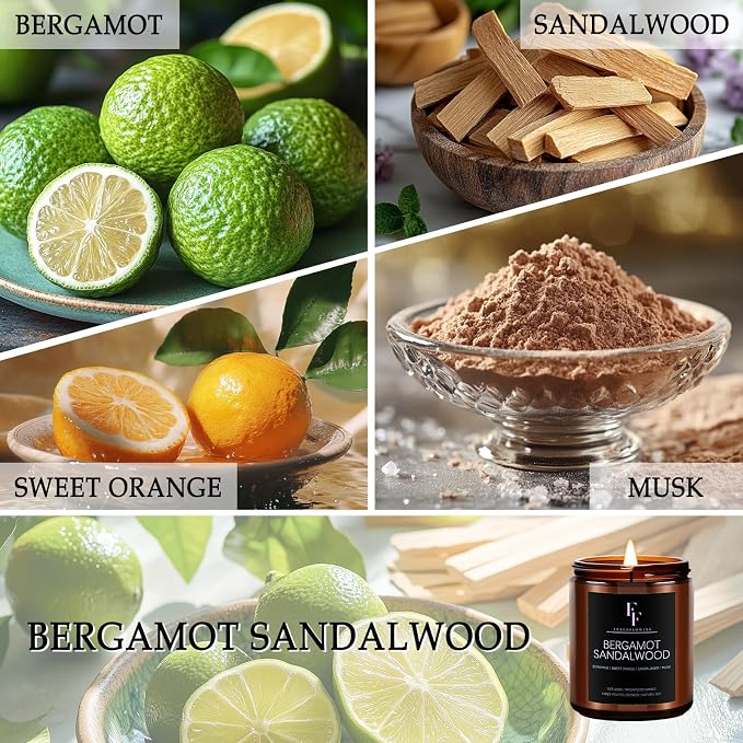 Bergamot Sandalwood Candle, Scented Candle for Home Soy Wax Candle, Aromatherapy Candle Gift for Women Men, 7oz