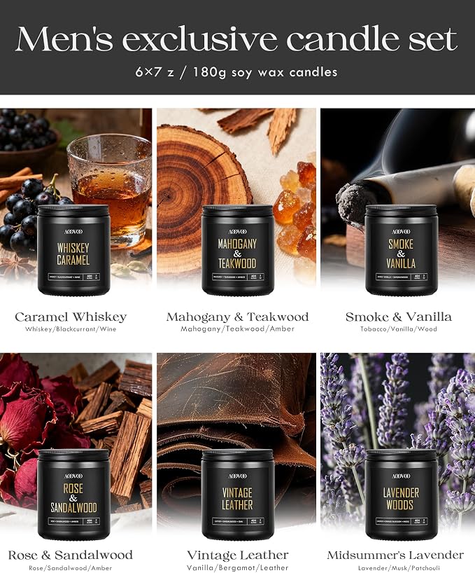 AOOVOO Scented Candles for Men - 6 Pack Candles for Home Scented, 42oz Soy Wax, 300 Hour Burn Time, Rose Sandalwood/Mahogany Teakwood/Smoke Vanilla/Leather/Lavender/Whiskey Caramel Candle Set