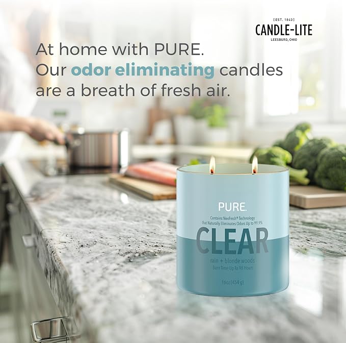 Candle-Lite Pure Rain & Blonde Woods Odor Eliminating Scented Candles, Neofresh Technology Eliminates 99.9% of Odors, 16 oz 2-Wick Jar, Proudly Poured in The USA, Up to 60 Hours Burn Time