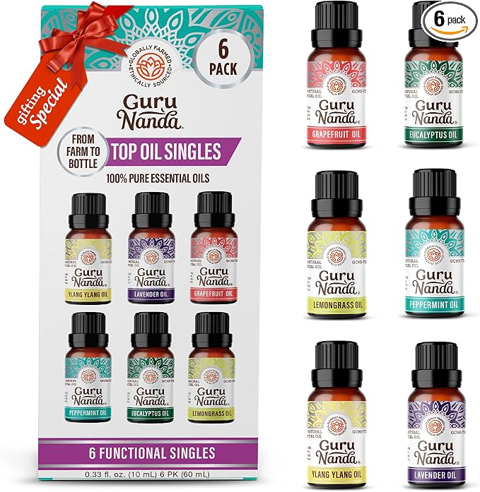 GuruNanda Essential Oils Set – 6 Pack (10mL Each), Lavender, Peppermint, Eucalyptus, Lemongrass, Grapefruit & Ylang Ylang, 100% Natural Aromatherapy Oils for Diffuser, Massage & DIY Candle Making