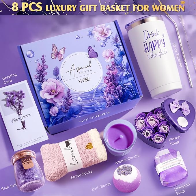 YFONG Birthday and Get Well Gifts for Women - Relaxing Care Package With 20 oz Tumbler, Thinking of You Purple Relaxing Gift Set, Unique Self Care Gift Basket for Mom, Wife, Friends - Lavender