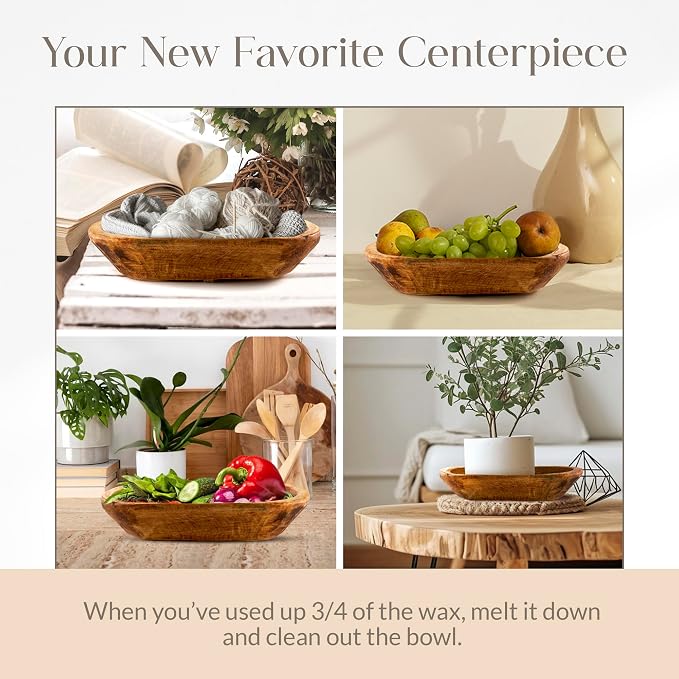 Dough Bowl Candle Co. Pumpkin Spice Soy Candle - 3 Wick Rustic Farmhouse Coffee Table Decor, Odor Eliminator in Wooden Bowls, 20 Ounce Wooden Dough Bowl Candle, All-Natural Gifts for Women and Men