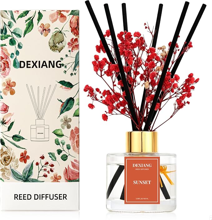 Reed Diffuser Set - 3.38 fl oz Sunset Premium Scented Oil with Preserved Baby's Breath & Cotton 6 Sticks | Long-Lasting Aromatherapy for Home, Bedroom, Bathroom, Office Home Decor